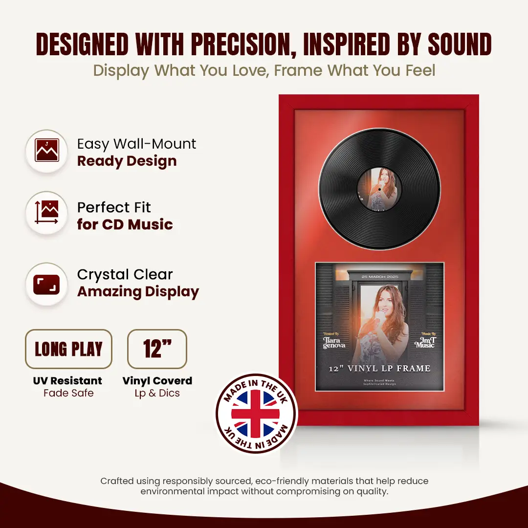 30x17" Modern Red Vinyl Record Frame With Poppy Red Mount | For 12" LP Cover and Disc Side By Side Display thumbnail 8