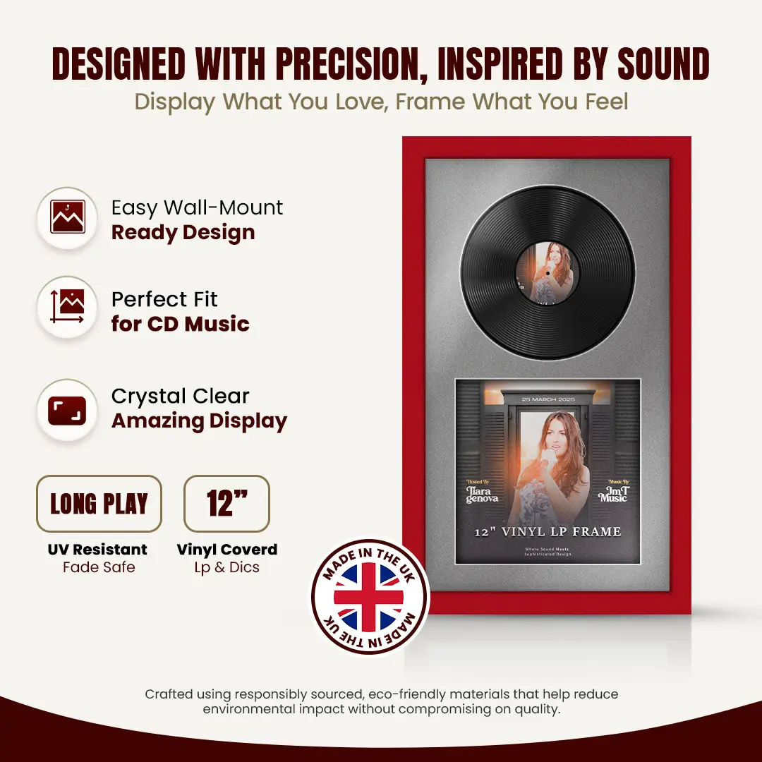 30x17" Modern Red Vinyl Record Frame With Silver Mount | Displays 12" LP Cover & Disc Side by Side thumbnail 8