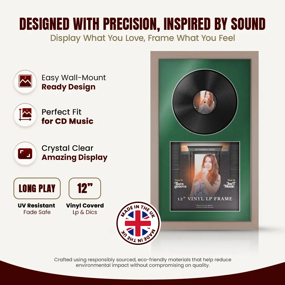 30x17" Modern Rose Gold Vinyl Record Frame With Emerald (Green) Mount | Displays 12" LP Cover & Disc Side by Side thumbnail 8