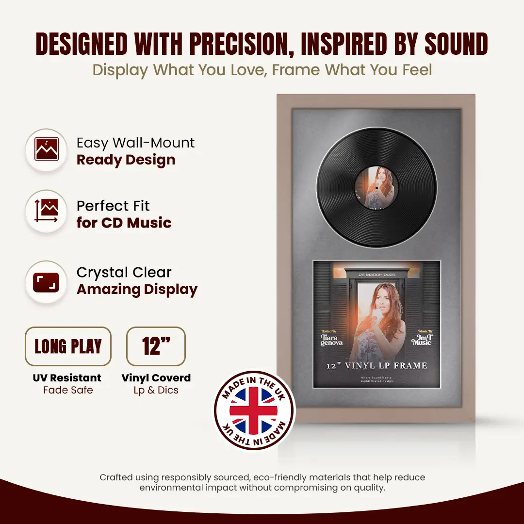 30x17" Modern Rose Gold Vinyl Record Frame With Mid Grey Mount | Displays 12" LP Cover & Disc Side by Side thumbnail 8