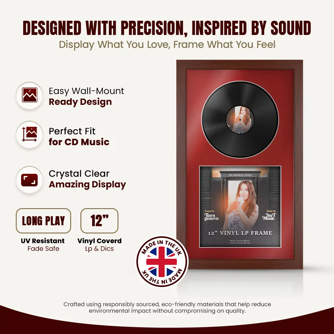 30x17" Modern Rose Wood Vinyl Record Frame With Crimson Mount | Side by Side 12" LP Cover & Disc Display thumbnail 8