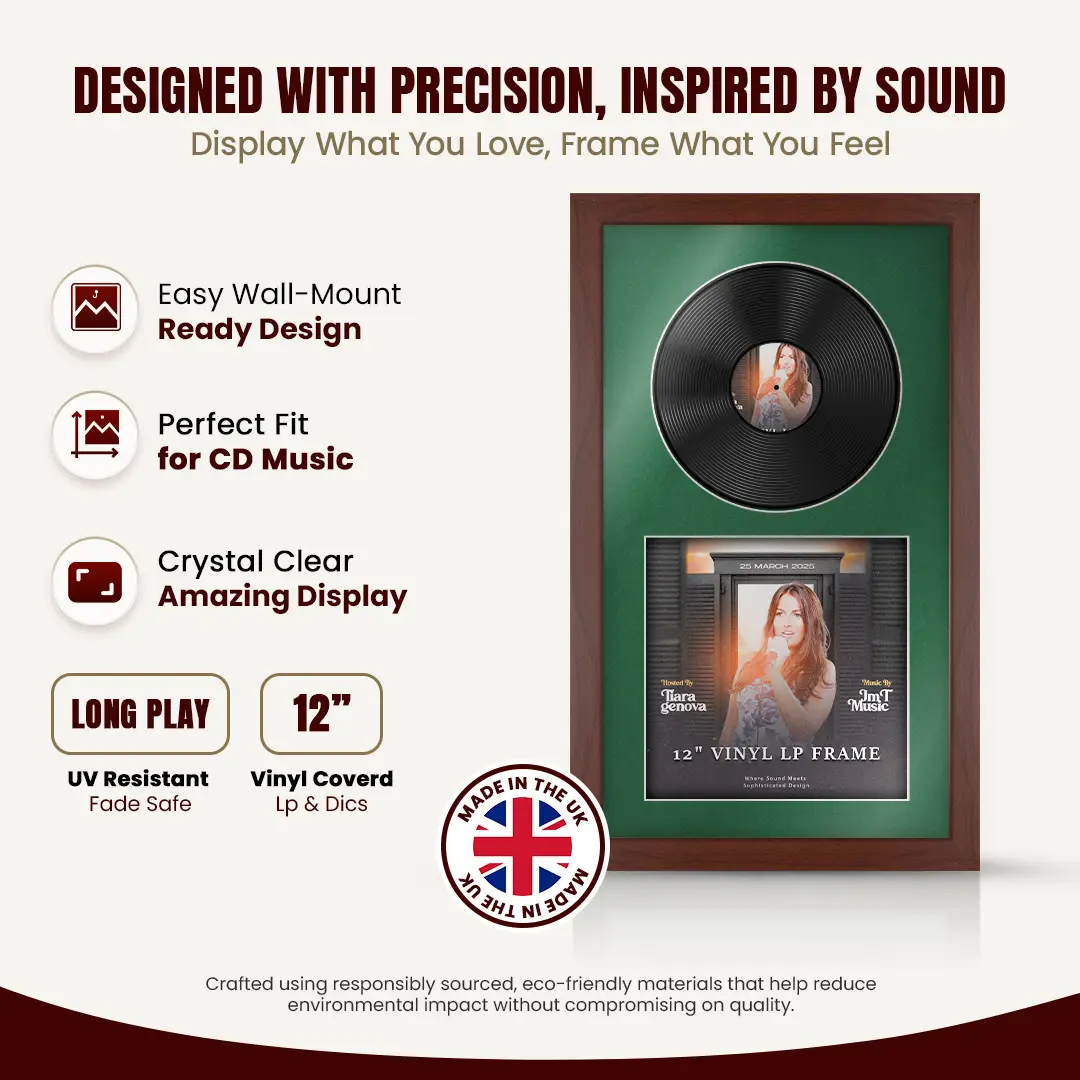 30x17" Modern Rose Wood Vinyl Record Frame With Emerald (Green) Mount | Displays 12" LP Cover & Disc Side by Side thumbnail 8
