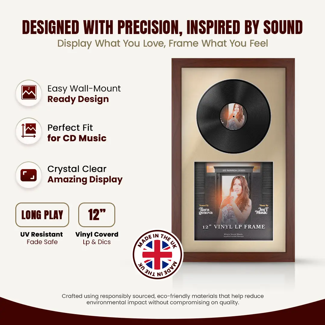 30x17" Modern Rose Wood Vinyl Record Frame With Ivory Mount | For 12" LP Cover and Disc Side By Side Display thumbnail 8