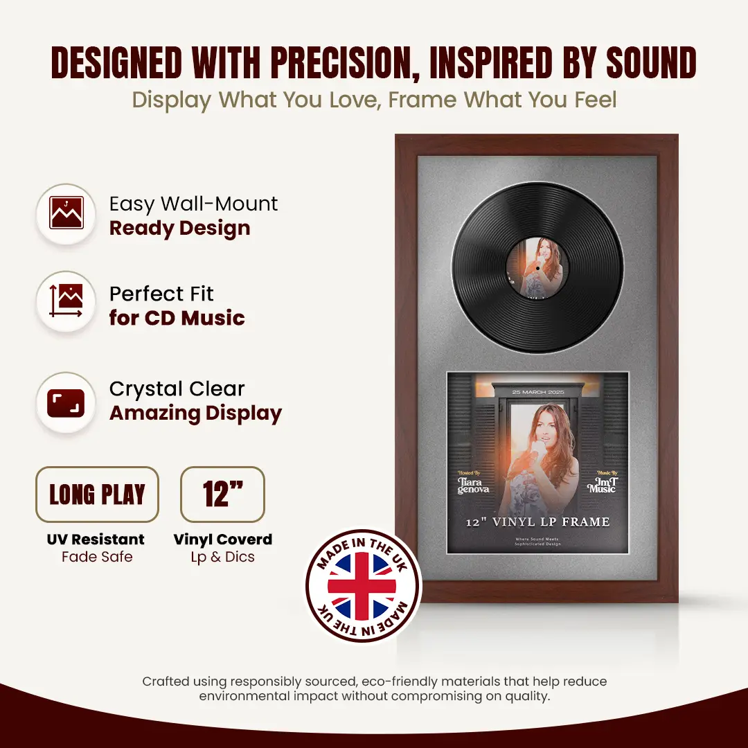 30x17" Modern Rose Wood Vinyl Record Frame With Silver Mount | Side by Side 12" LP Cover & Disc Display thumbnail 8