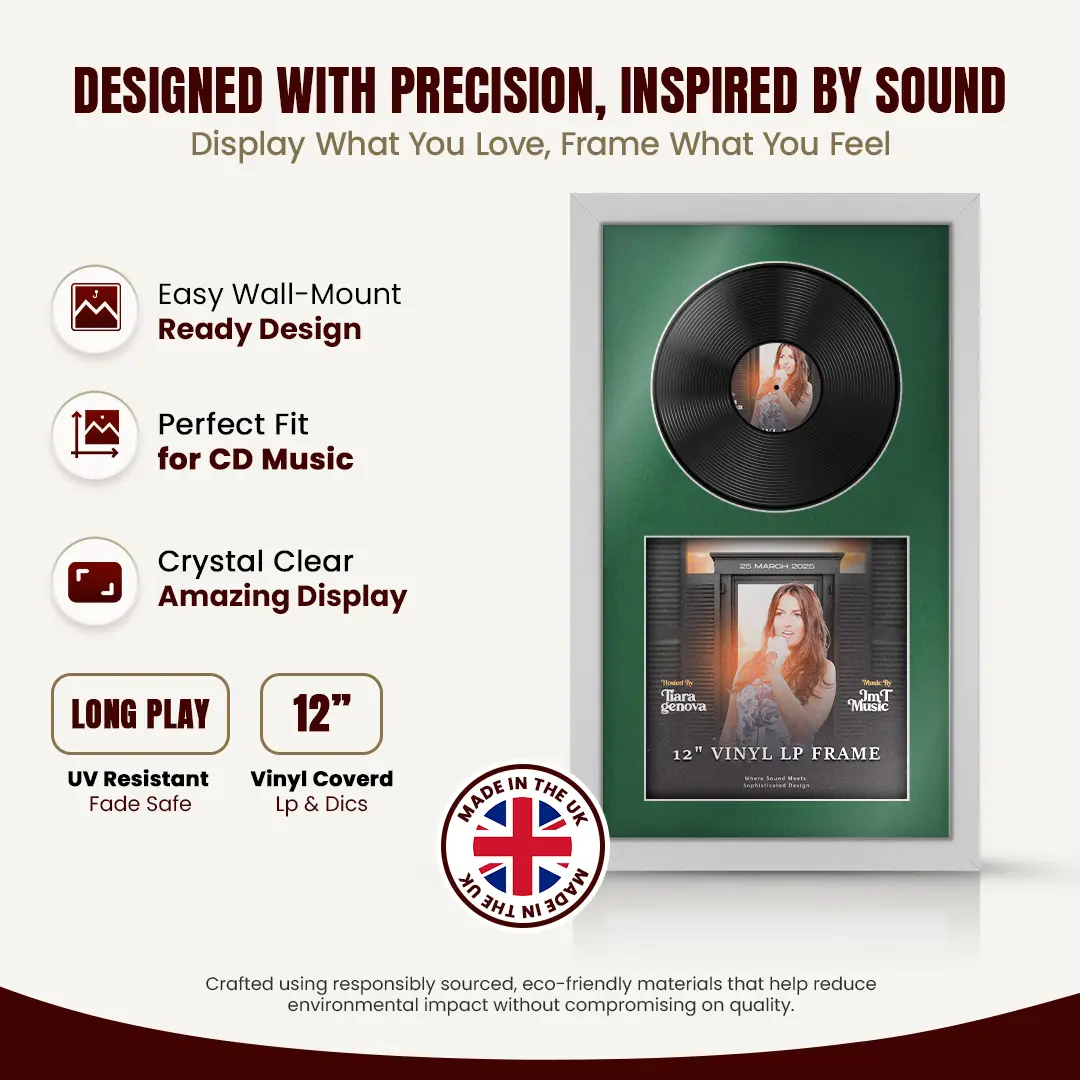 30x17" Modern Silver Vinyl Record Frame With Emerald (Green) Mount | Displays 12" LP Cover & Disc Side by Side thumbnail 8