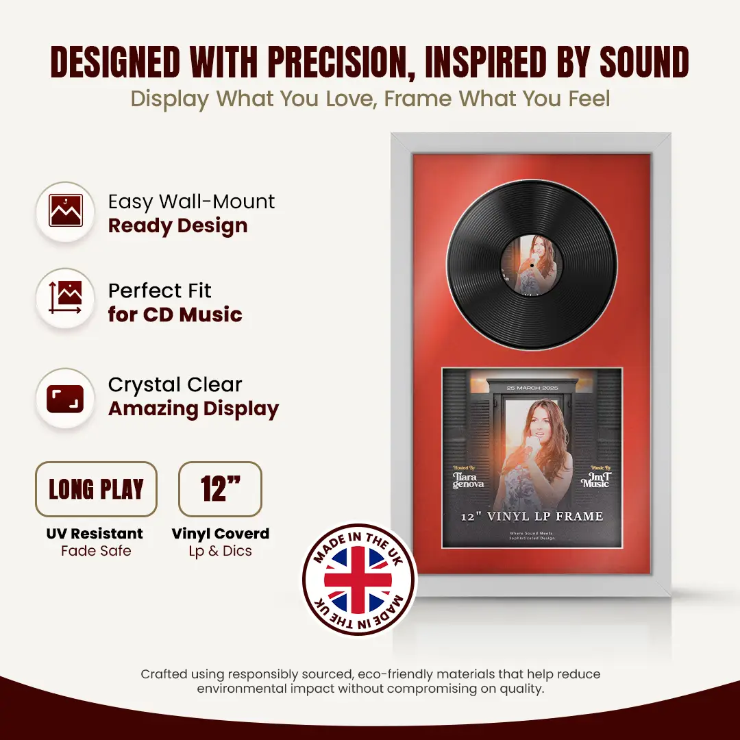30x17" Modern Silver Vinyl Record Frame With Poppy Red Mount | For 12" LP Cover and Disc Side By Side Display thumbnail 8