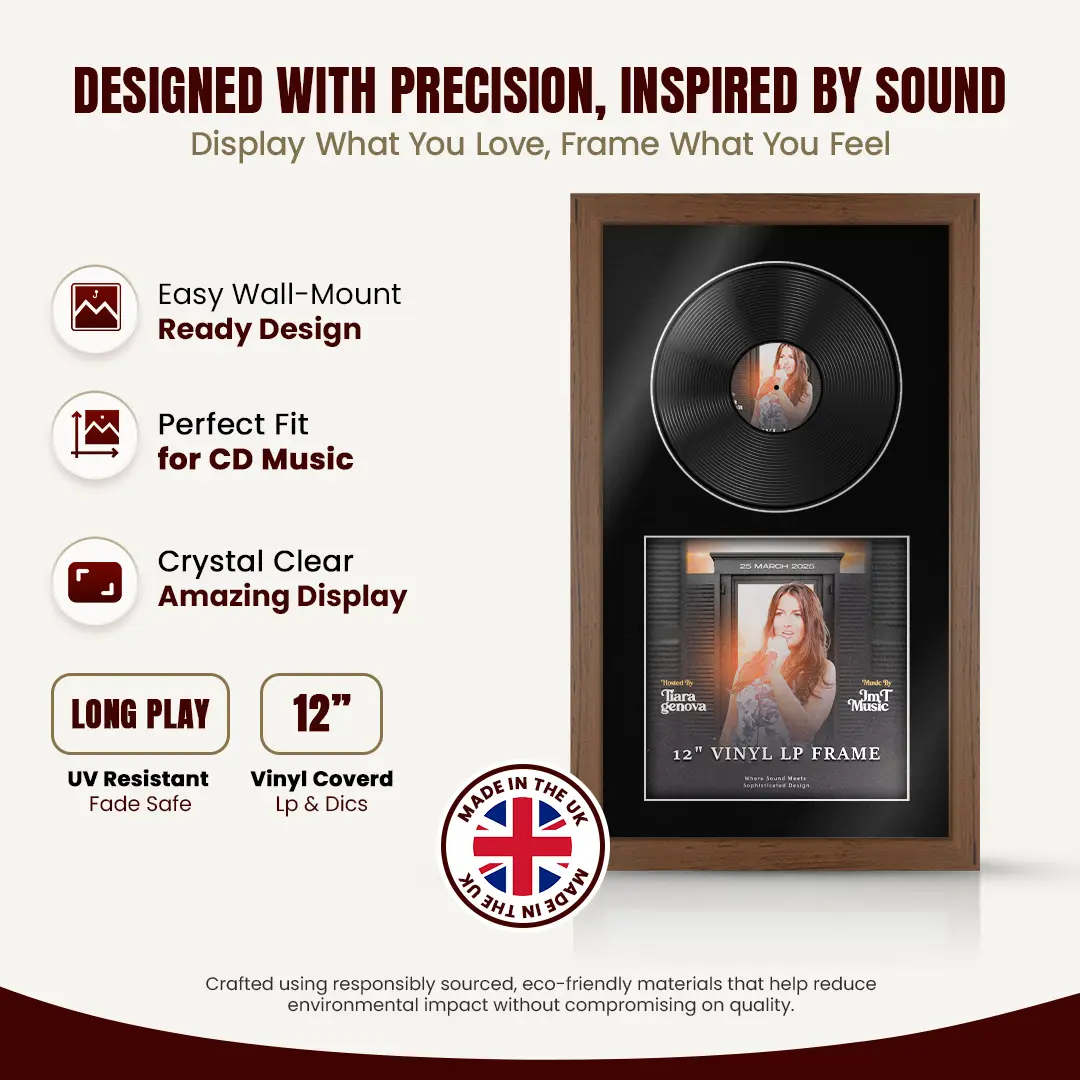 30x17" Modern Walnut Vinyl Record Frame With Black Mount | Side by Side 12" LP Cover & Disc Display thumbnail 8