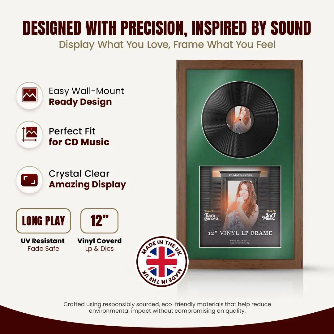 30x17" Modern Walnut Vinyl Record Frame With Emerald (Green) Mount | Side by Side 12" LP Cover & Disc Display thumbnail 8