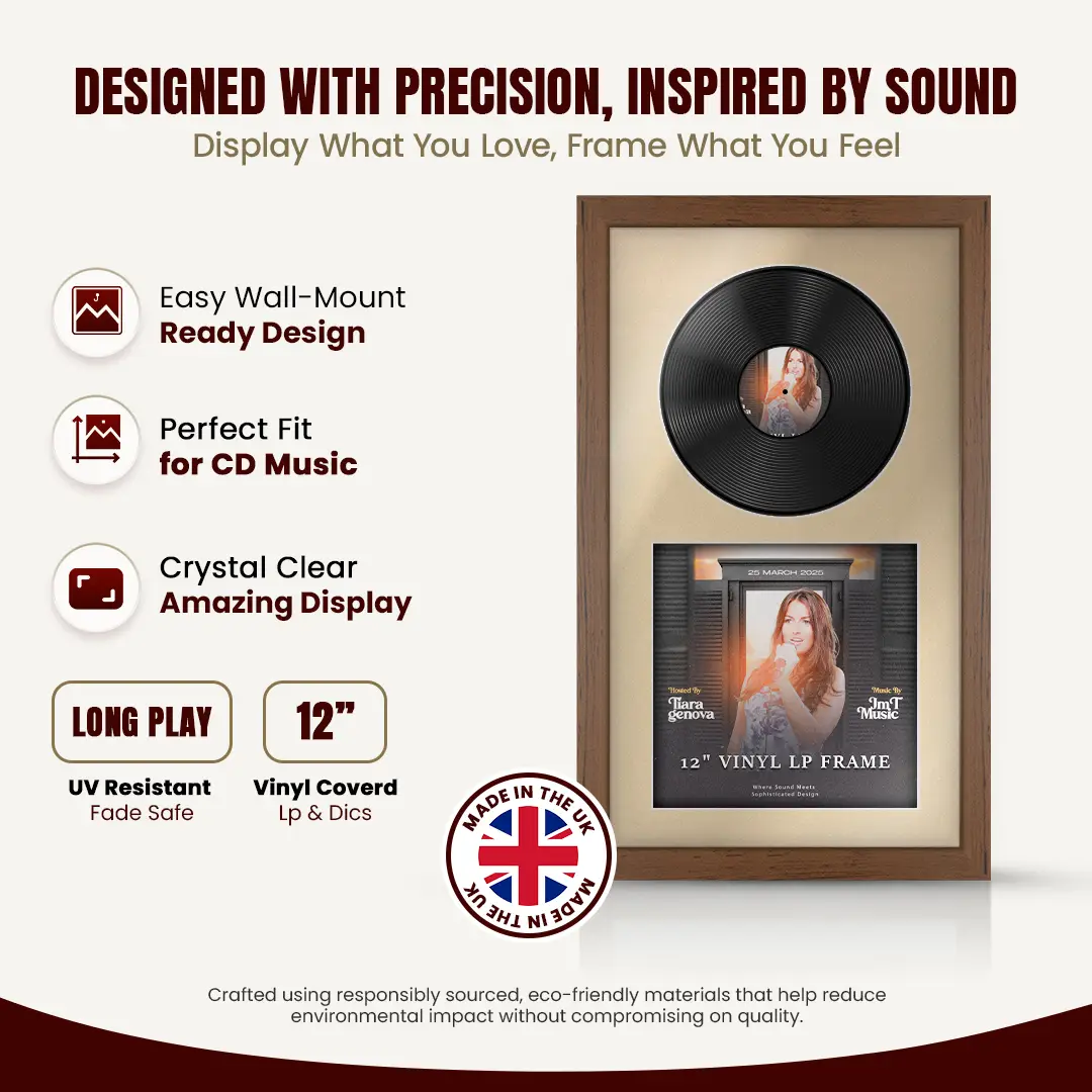 30x17" Modern Walnut Vinyl Record Frame With Ivory Mount | Displays 12" LP Cover & Disc Side by Side thumbnail 8