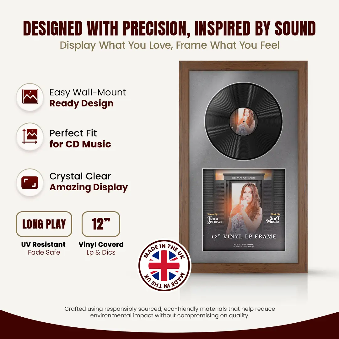 30x17" Modern Walnut Vinyl Record Frame With Mid Grey Mount | Side by Side 12" LP Cover & Disc Display thumbnail 8