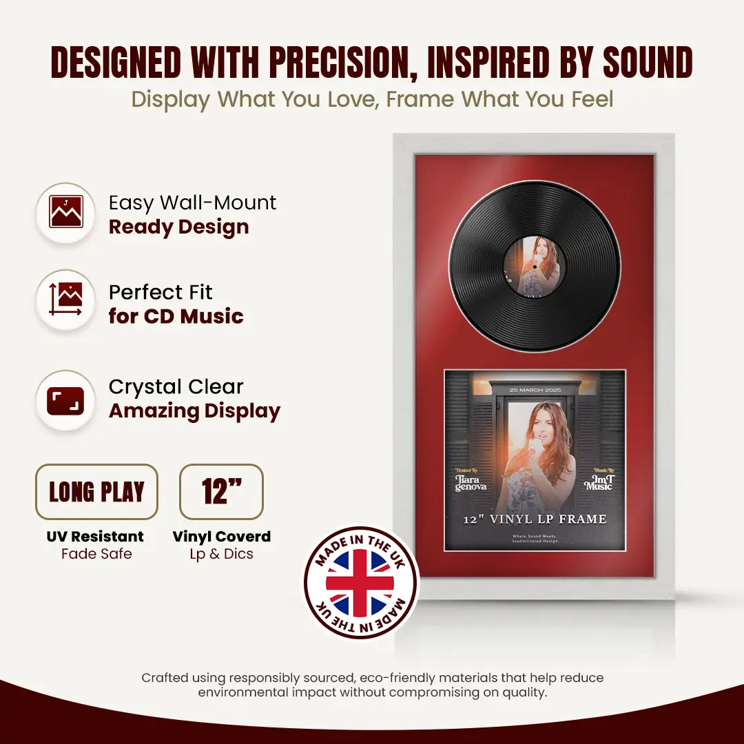 30x17" Modern Ash White Vinyl Record Frame With Crimson Mount | Displays 12" LP Cover & Disc Side by Side thumbnail 8