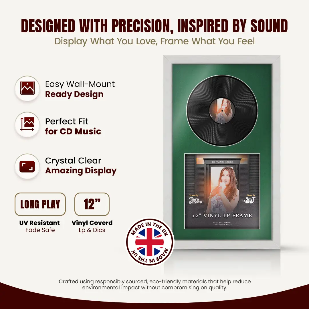 30x17" Modern Ash White Vinyl Record Frame With Emerald (Green) Mount | For 12" LP Cover and Disc Side By Side Display thumbnail 8