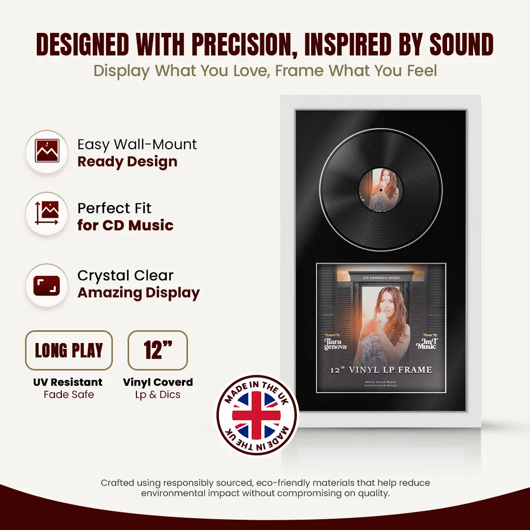 30x17" Modern White Vinyl Record Frame With Black Mount | Displays 12" LP Cover & Disc Side by Side thumbnail 8