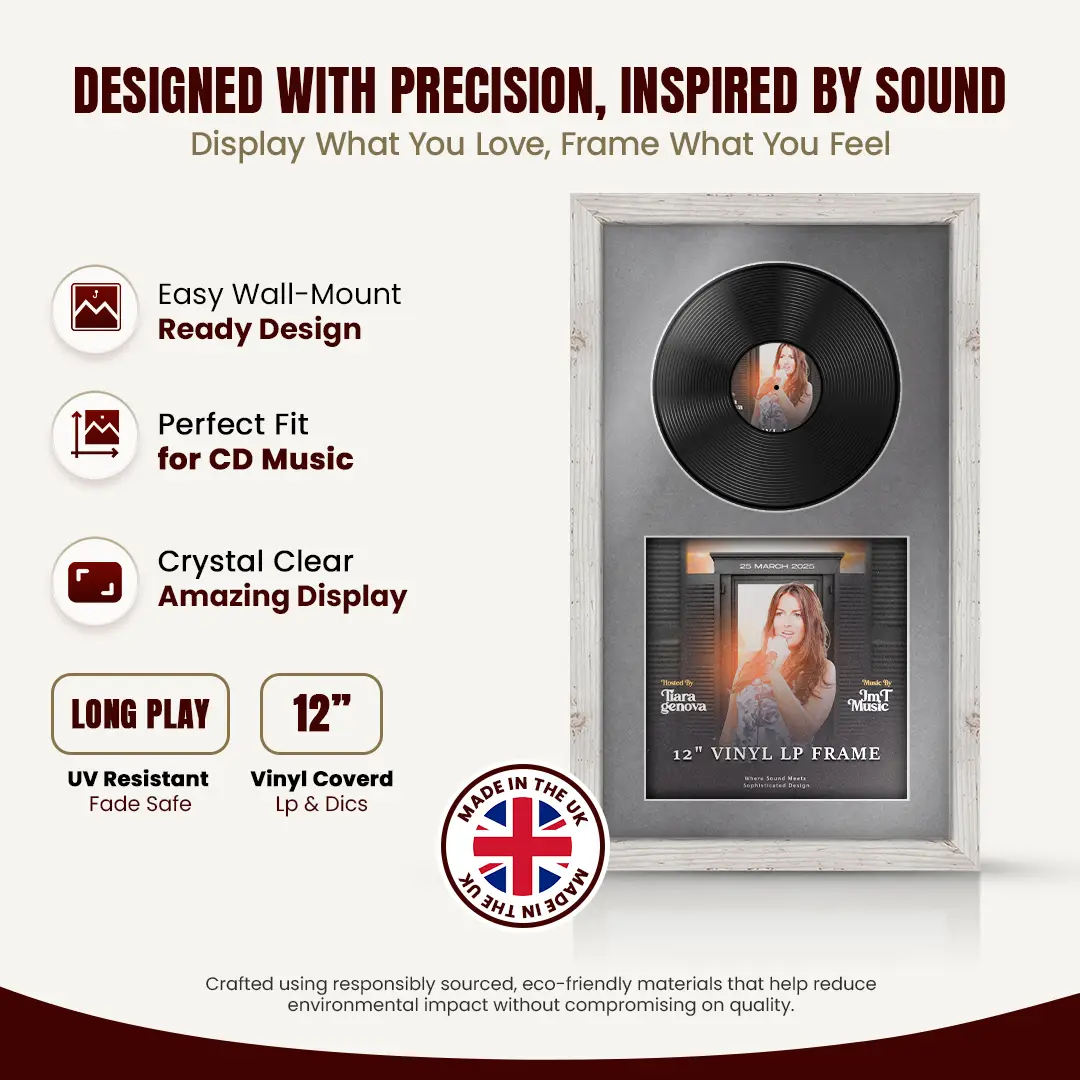 30x17" Modern White Rustic Vinyl Record Frame With Mid Grey Mount | Displays 12" LP Cover & Disc Side by Side thumbnail 8