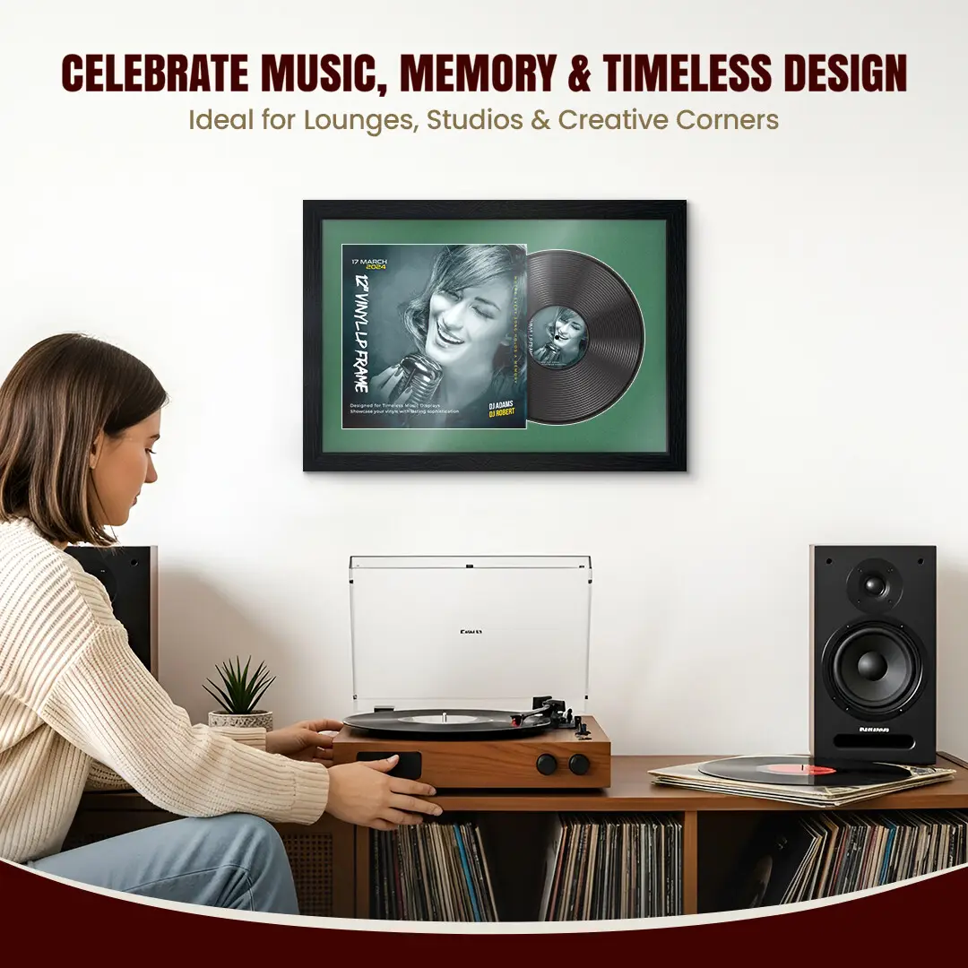 25x17" Modern Black Vinyl Record Frame For LP Cover & Disc With Emerald (Green) Mount | Overlapped Display thumbnail 4