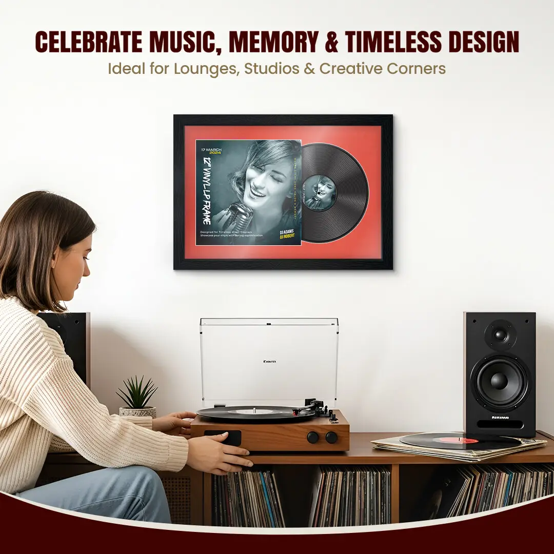 25x17" Modern Black Vinyl Record Frame For LP Cover & Disc With Poppy Red Mount | Overlapped Display thumbnail 4