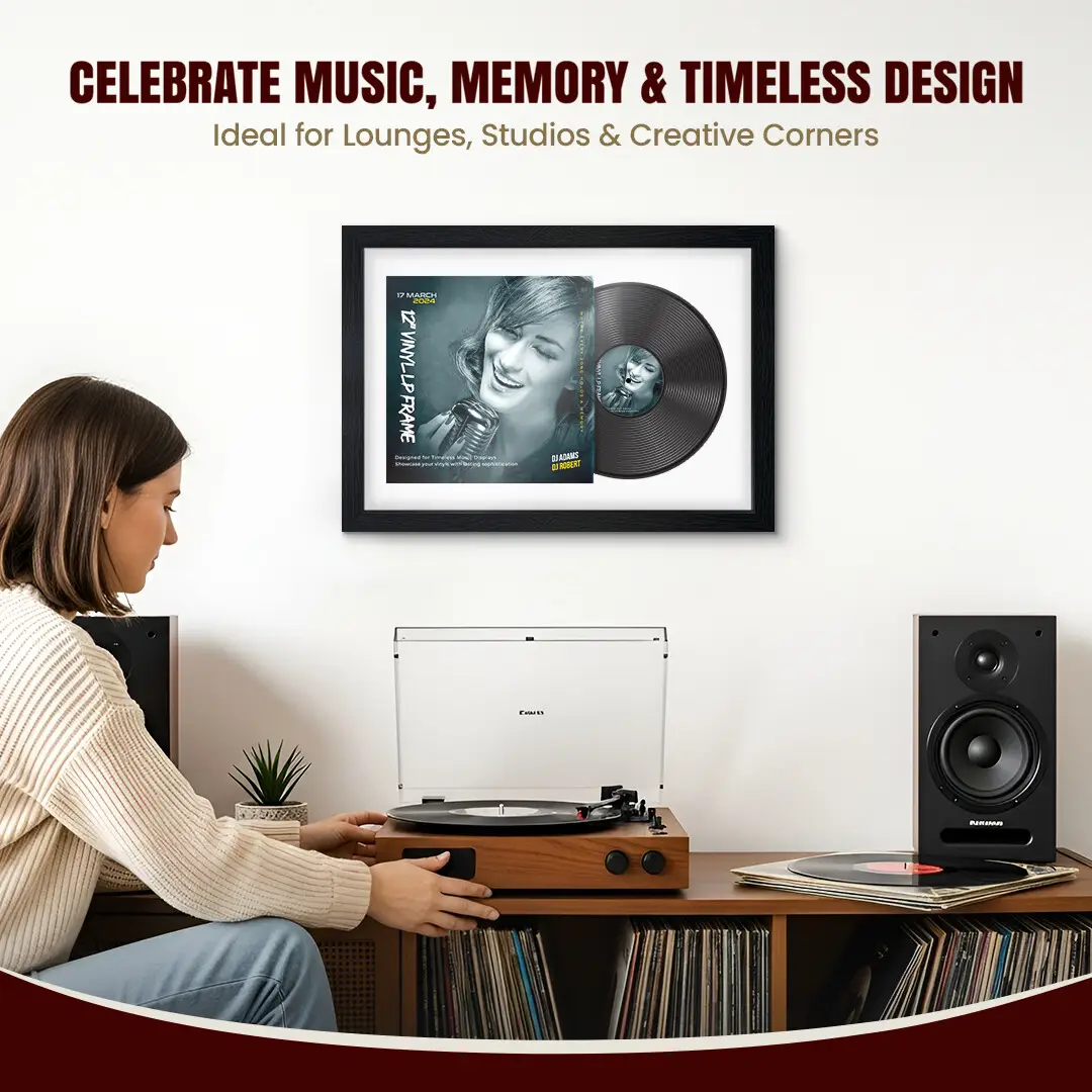 25x17" Modern Black Vinyl Record Frame For 12 Inch LP Cover & Disc (Overlapped) With Ice White Mount | Elegant Music Display thumbnail 4
