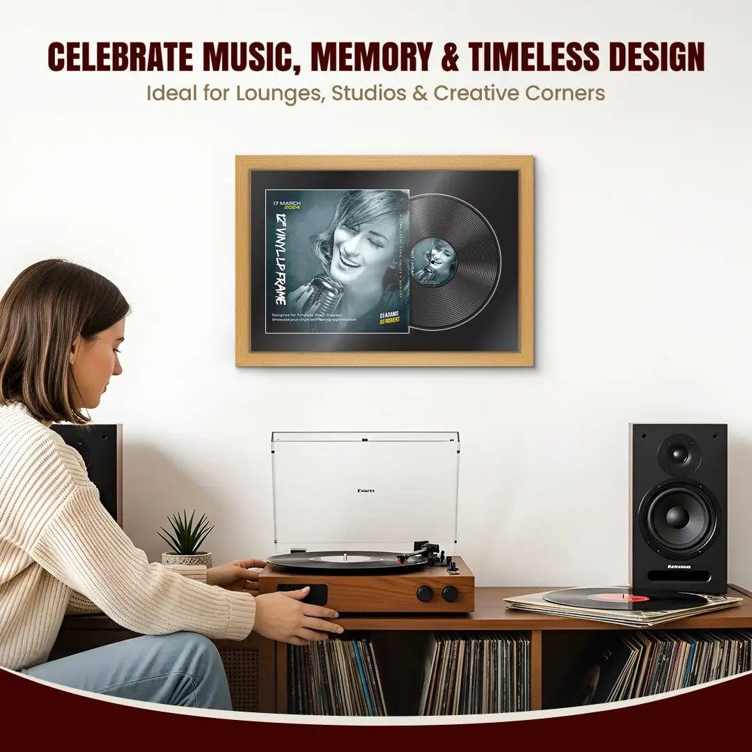 25x17" Modern Country Pine Vinyl Record Frame For 12 Inch LP Cover & Disc With Black Mount | Overlapped Vinyl Display thumbnail 4