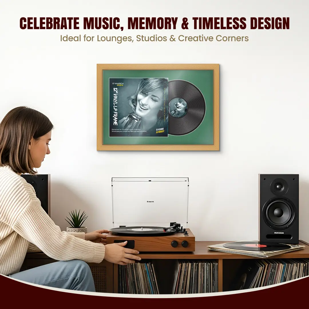 25x17" Modern Country Pine Vinyl Record Frame For 12 Inch LP Cover & Disc (Overlapped) With Emerald (Green) Mount | Elegant Music Display thumbnail 4