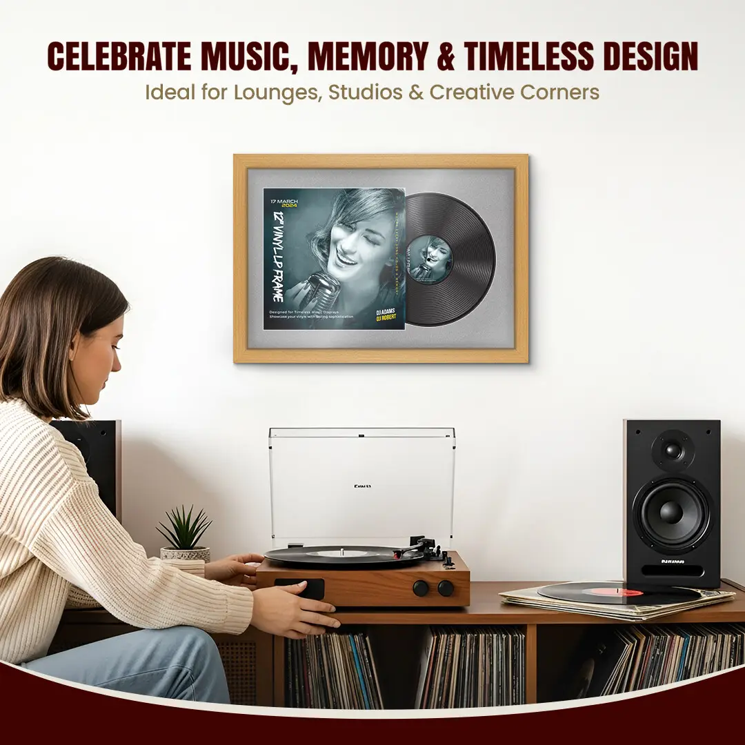 25x17" Modern Country Pine Vinyl Record Frame For 12 Inch LP Cover & Disc With Silver Mount | Overlapped Vinyl Display thumbnail 4