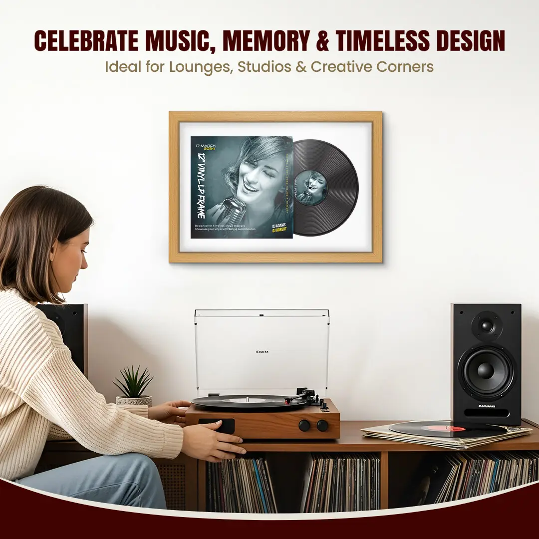 25x17" Modern Country Pine Vinyl Record Frame For LP Cover & Disc With Ice White Mount | Overlapped Display thumbnail 4