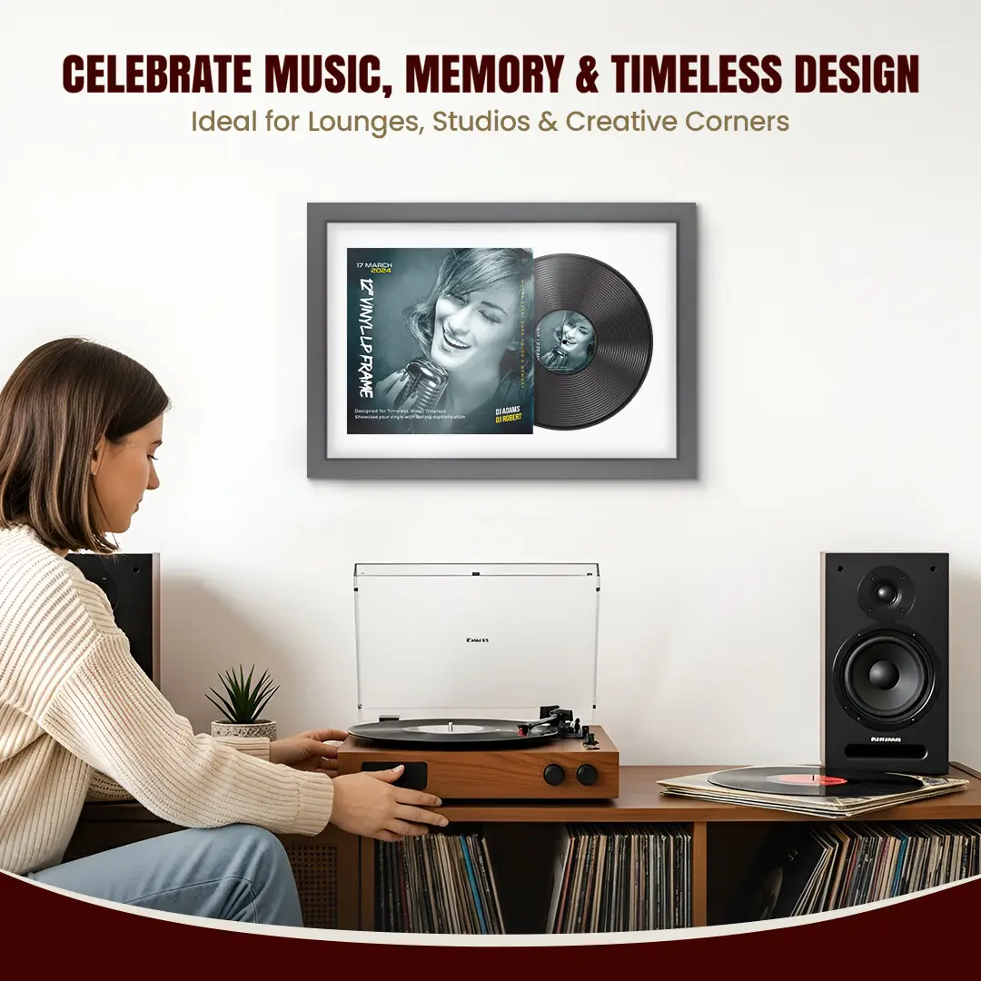 25x17" Modern Dark Grey Vinyl Record Frame For LP Cover & Disc With Ice White Mount | Overlapped Display thumbnail 4