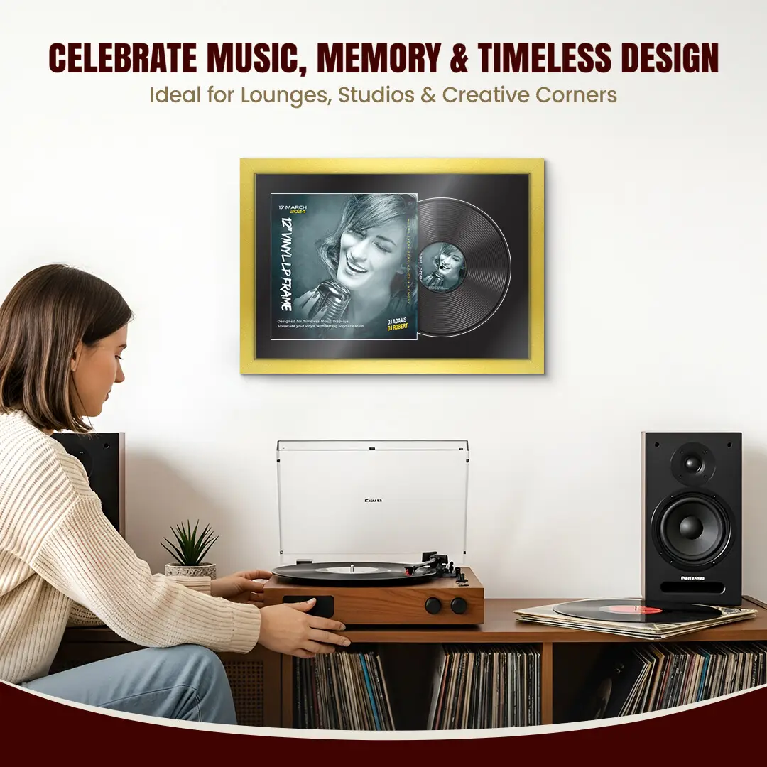 25x17" Modern Gold Vinyl Record Frame For 12 Inch LP Cover & Disc (Overlapped) With Black Mount | Elegant Music Display thumbnail 4