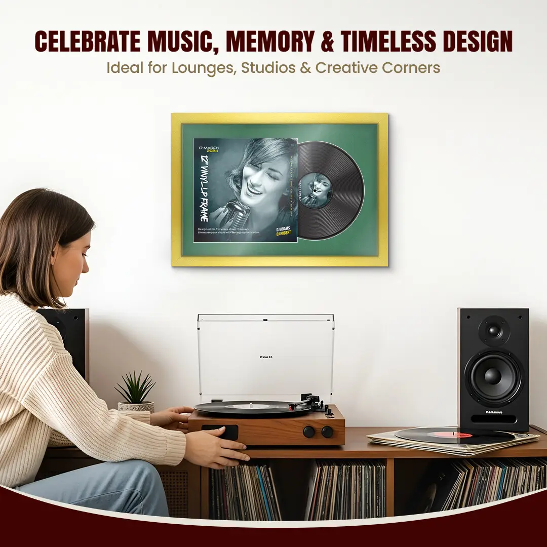 25x17" Modern Gold Vinyl Record Frame For 12 Inch LP Cover & Disc (Overlapped) With Emerald (Green) Mount | Elegant Music Display thumbnail 4