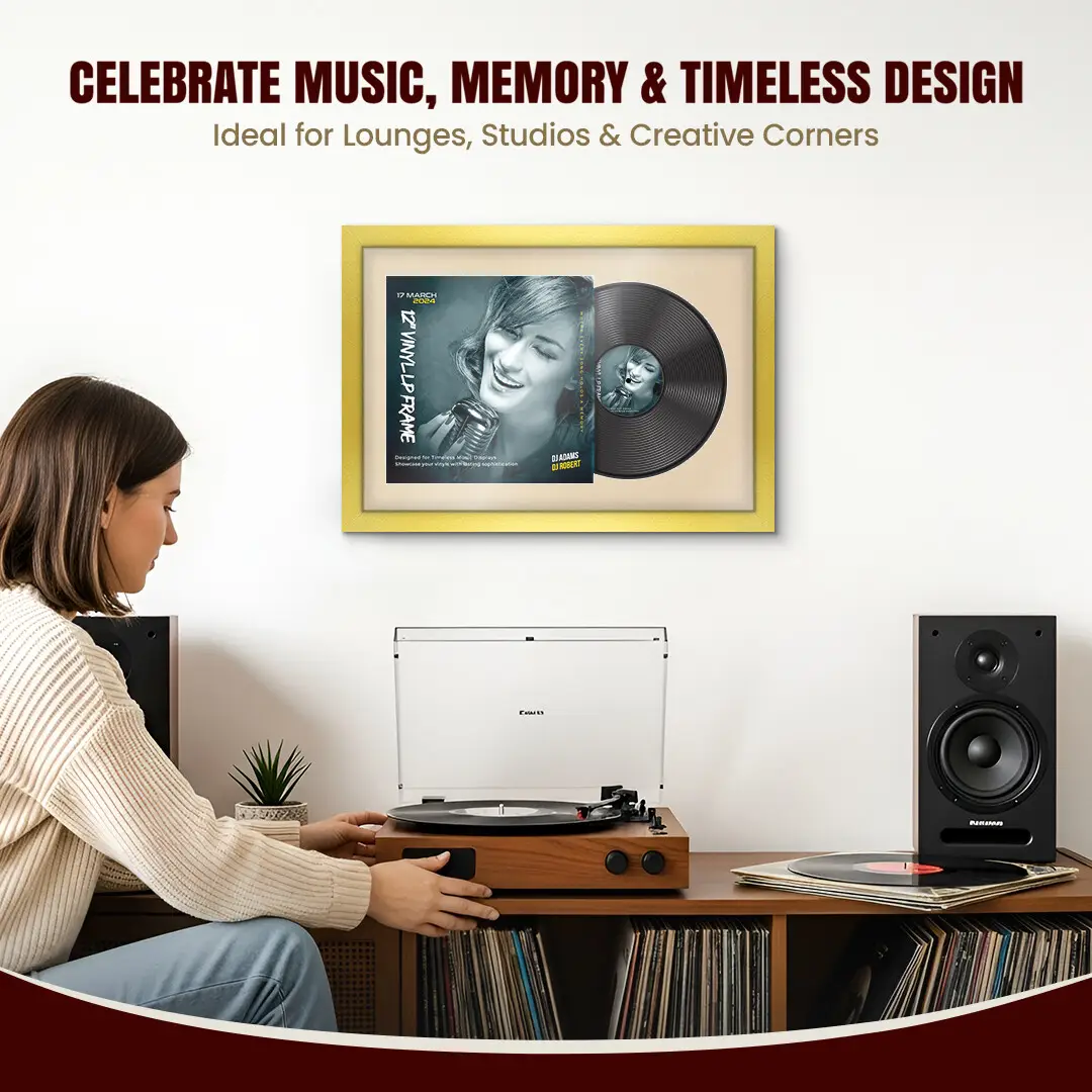 25x17" Modern Gold Vinyl Record Frame For LP Cover & Disc With Ivory Mount | Overlapped Display thumbnail 4