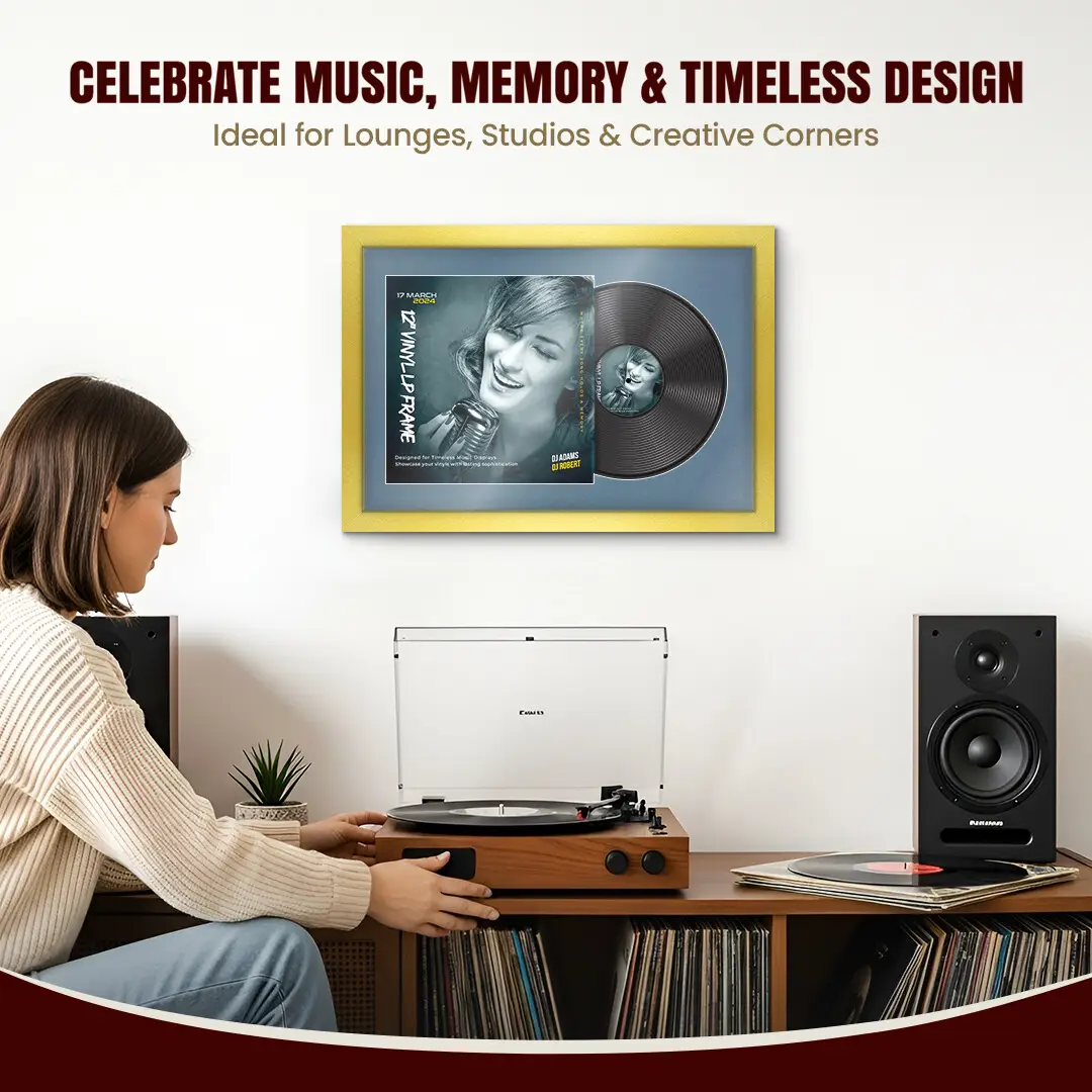 25x17" Modern Gold Vinyl Record Frame For LP Cover & Disc With Poppy Red Mount | Overlapped Display thumbnail 4