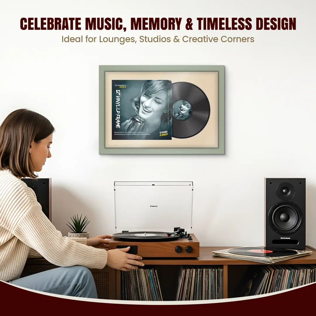 25x17" Modern Green Vinyl Record Frame For 12 Inch LP Cover & Disc (Overlapped) With Ivory Mount | Elegant Music Display thumbnail 4