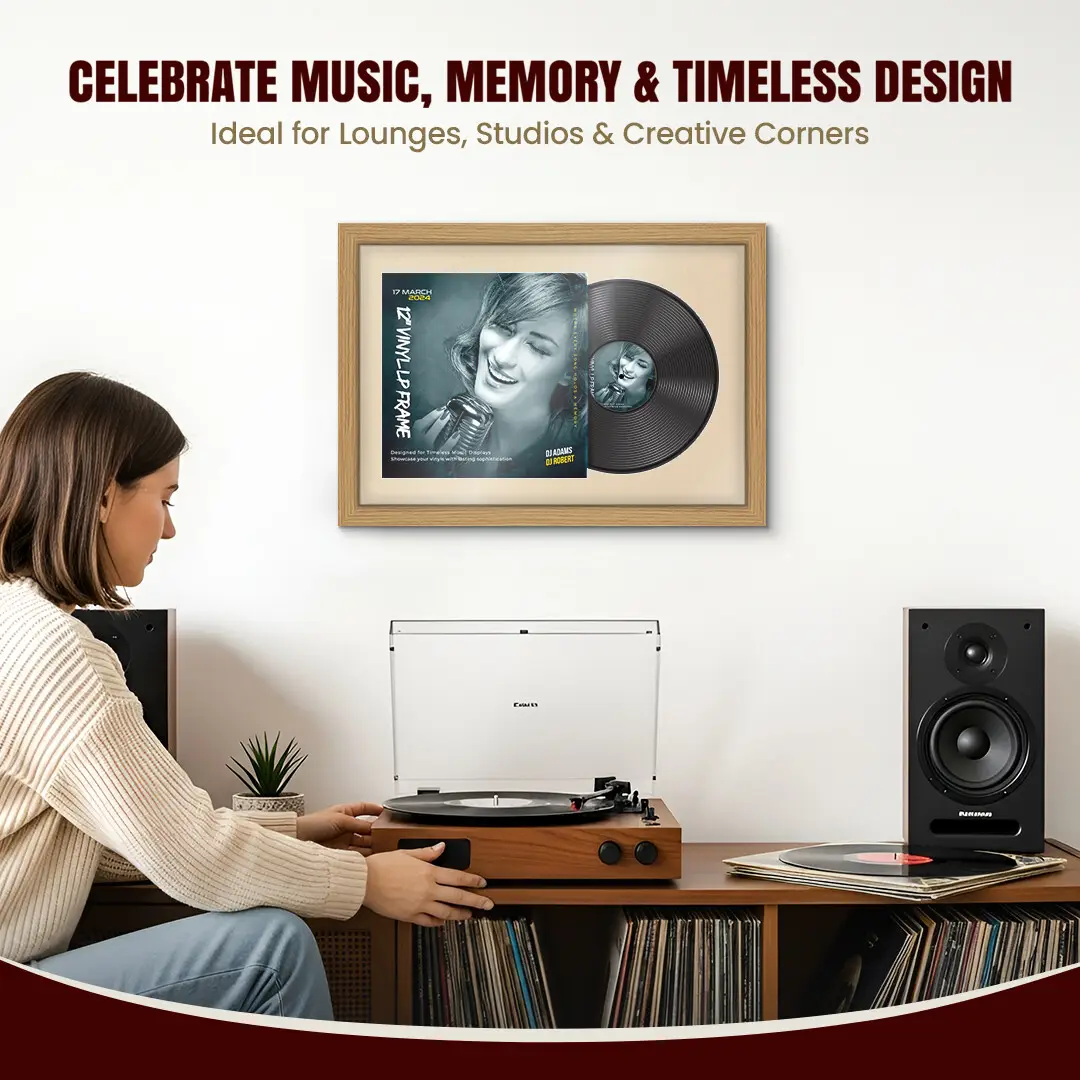 25x17" Modern Light Oak Vinyl Record Frame For 12 Inch LP Cover & Disc With Ivory Mount | Overlapped Vinyl Display thumbnail 4