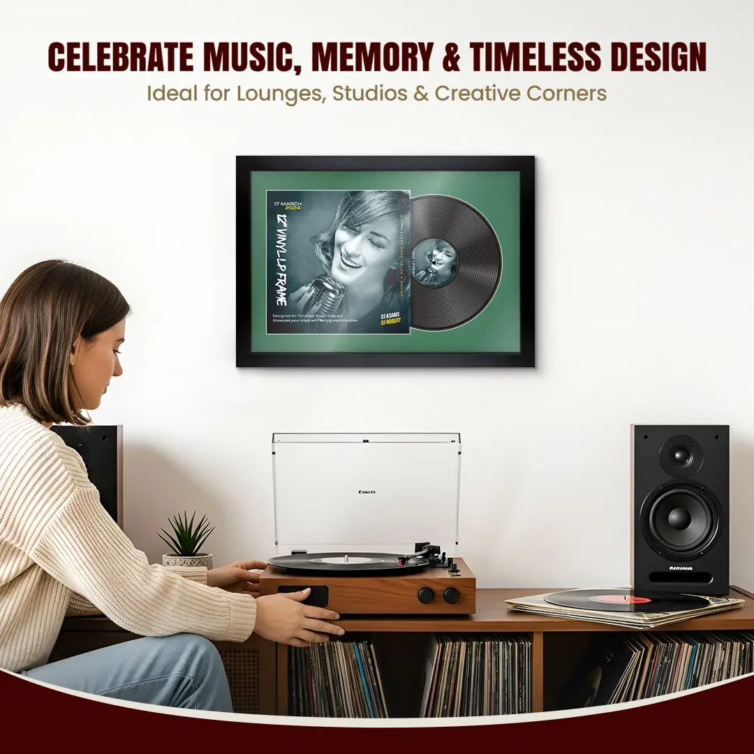 25x17" Modern Matte Black Vinyl Record Frame For 12 Inch LP Cover & Disc (Overlapped) With Emerald (Green) Mount | Elegant Music Display thumbnail 4