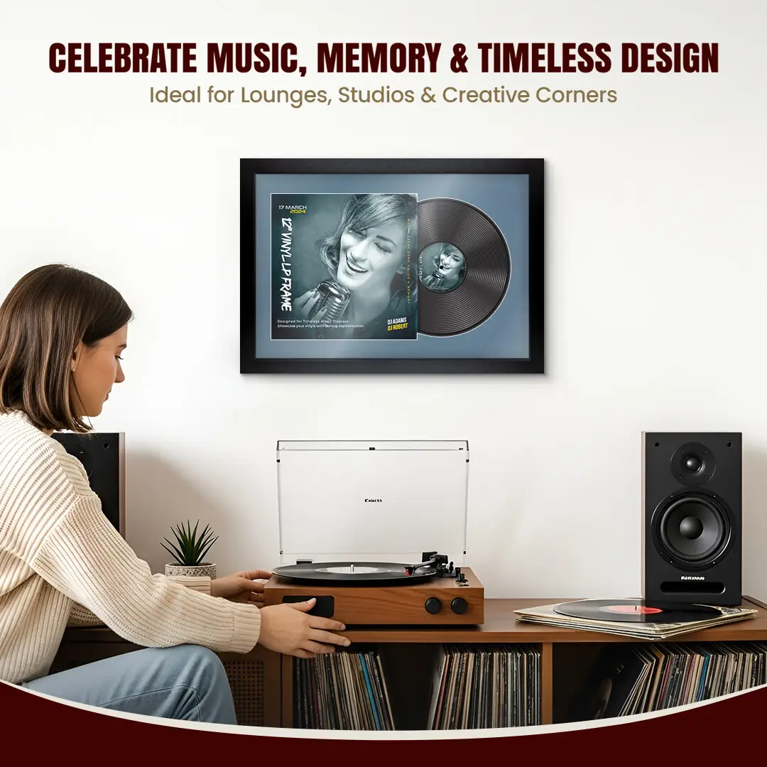 25x17" Modern Matte Black Vinyl Record Frame For 12 Inch LP Cover & Disc With Pompador Mount | Overlapped Vinyl Display thumbnail 4