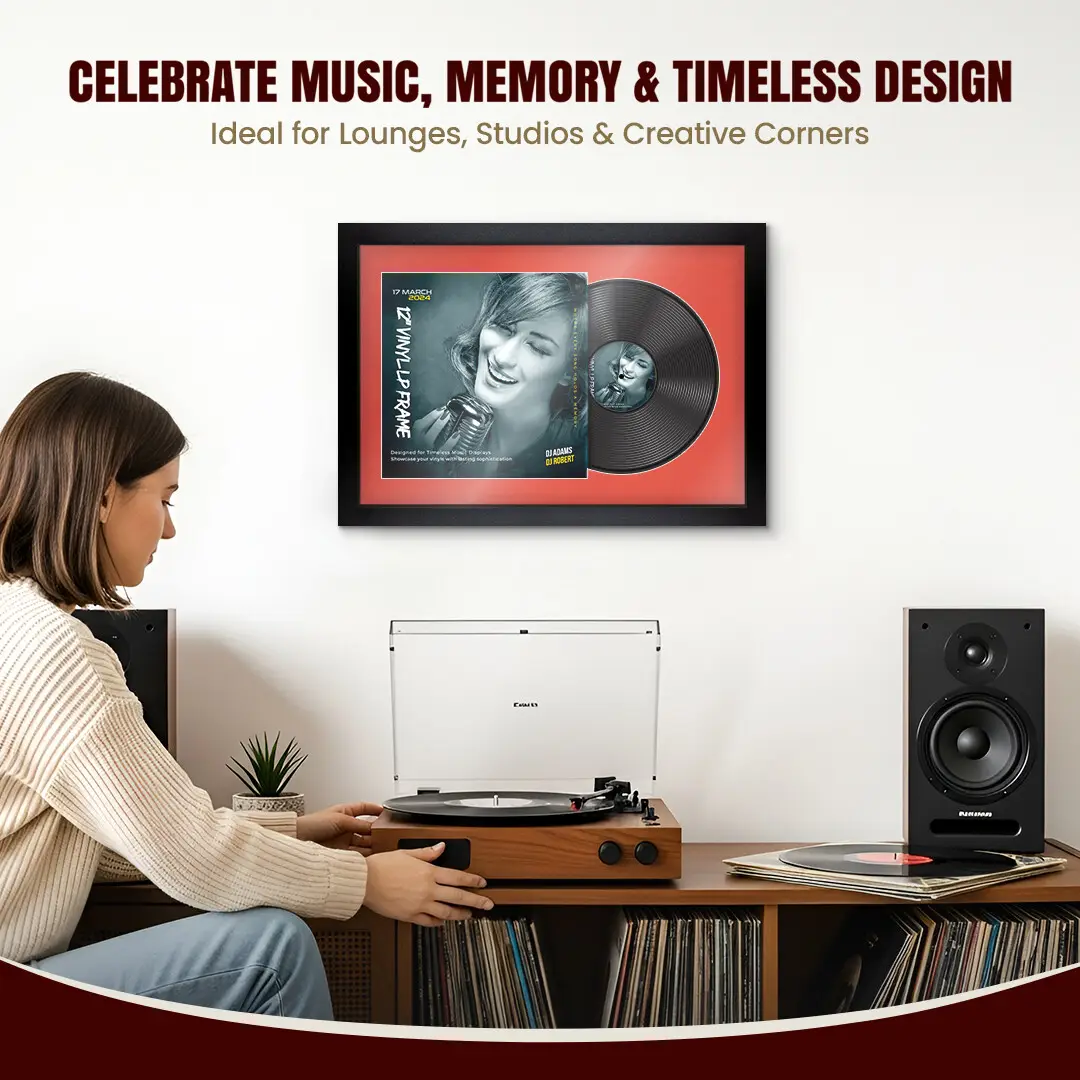 25x17" Modern Matte Black Vinyl Record Frame For 12 Inch LP Cover & Disc With Poppy Red Mount | Overlapped Vinyl Display thumbnail 4