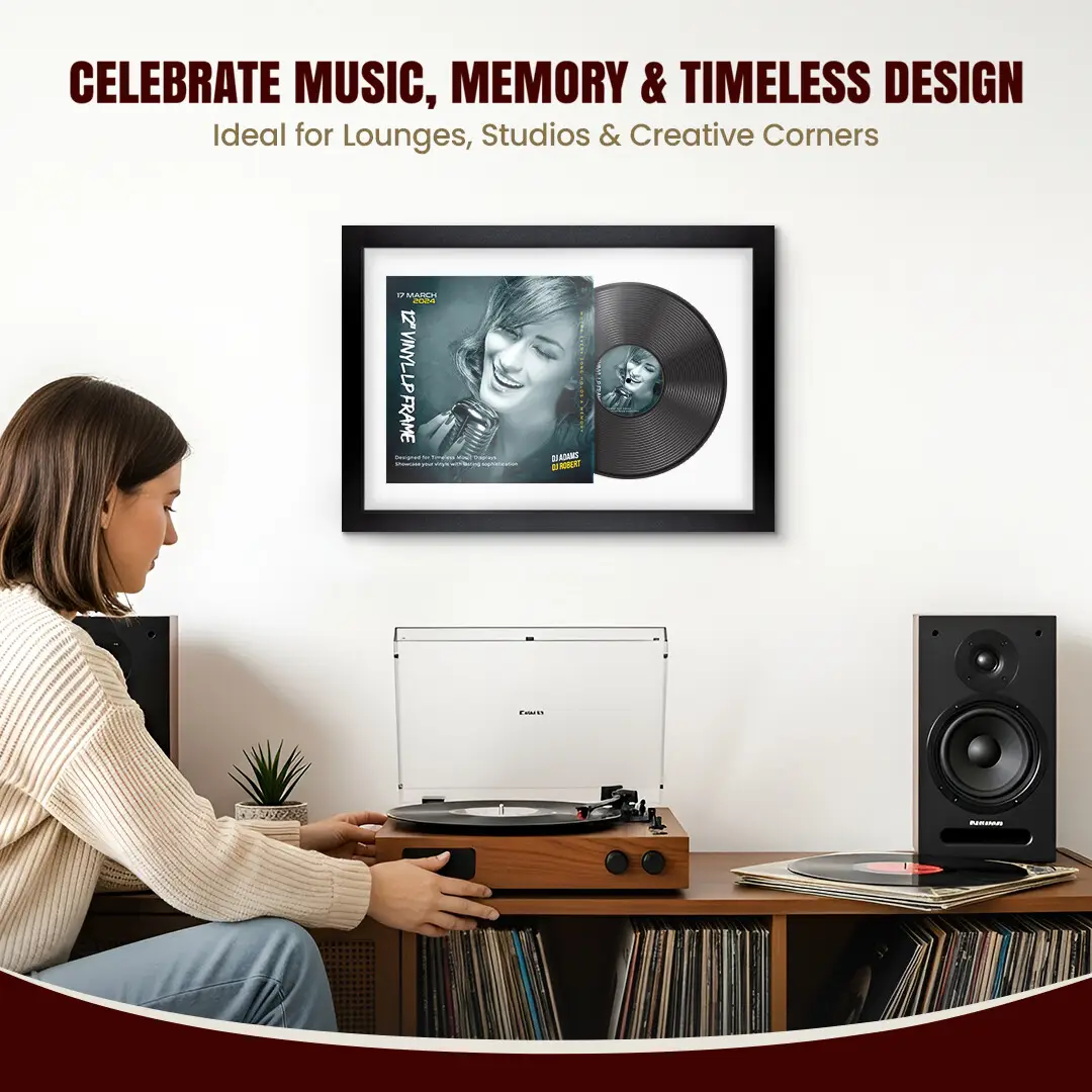 25x17" Modern Matte Black Vinyl Record Frame For 12 Inch LP Cover & Disc (Overlapped) With Ice White Mount | Elegant Music Display thumbnail 4