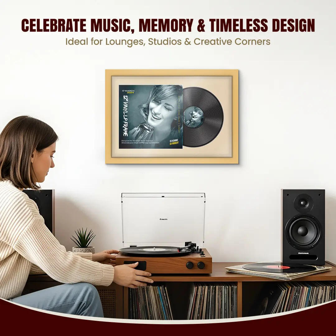 25x17" Modern Mustard Yellow Vinyl Record Frame For 12 Inch LP Cover & Disc (Overlapped) With Ivory Mount | Elegant Music Display thumbnail 4