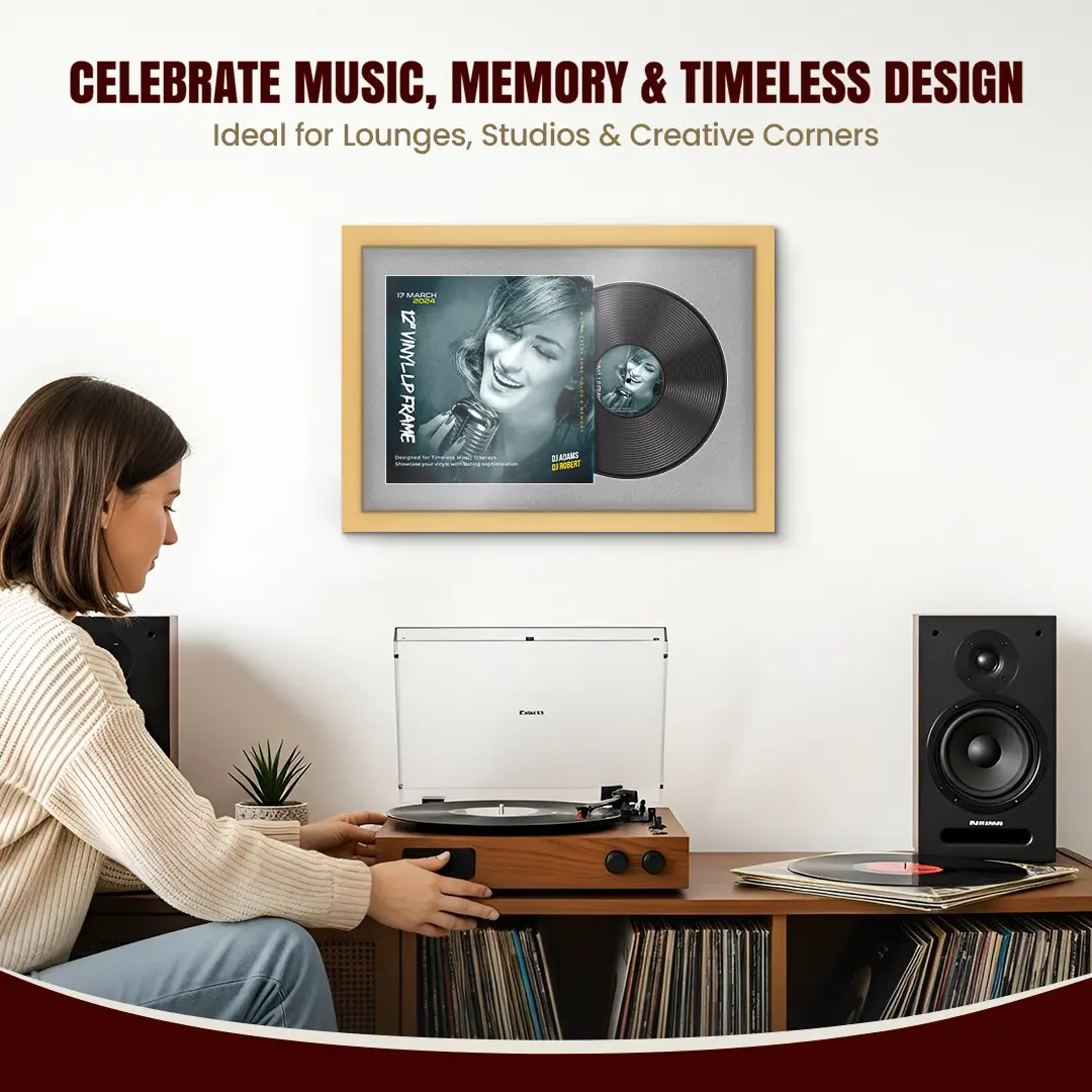 25x17" Modern Mustard Yellow Vinyl Record Frame For 12 Inch LP Cover & Disc With Silver Mount | Overlapped Vinyl Display thumbnail 4