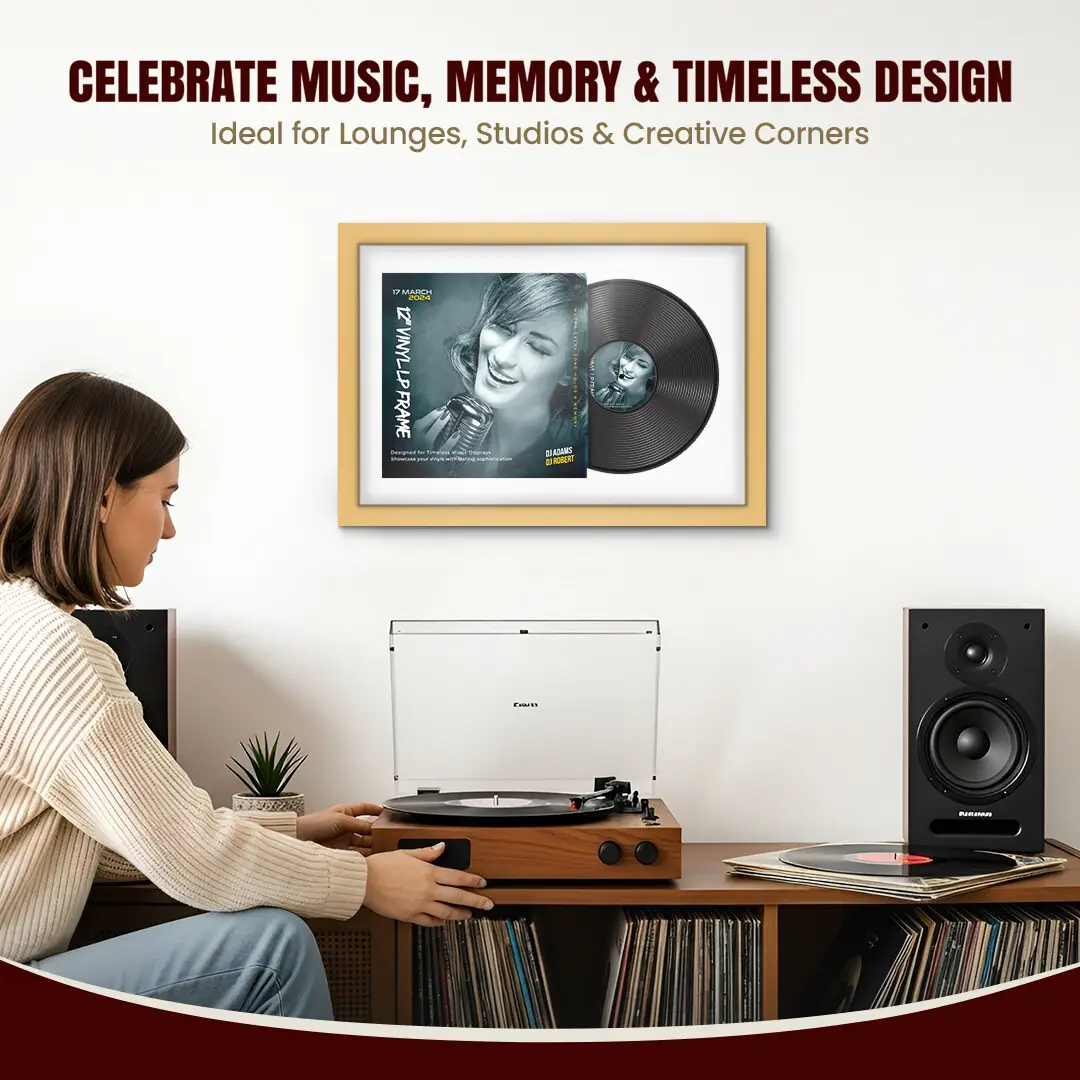 25x17" Modern Mustard Yellow Vinyl Record Frame For LP Cover & Disc With Ice White Mount | Overlapped Display thumbnail 4