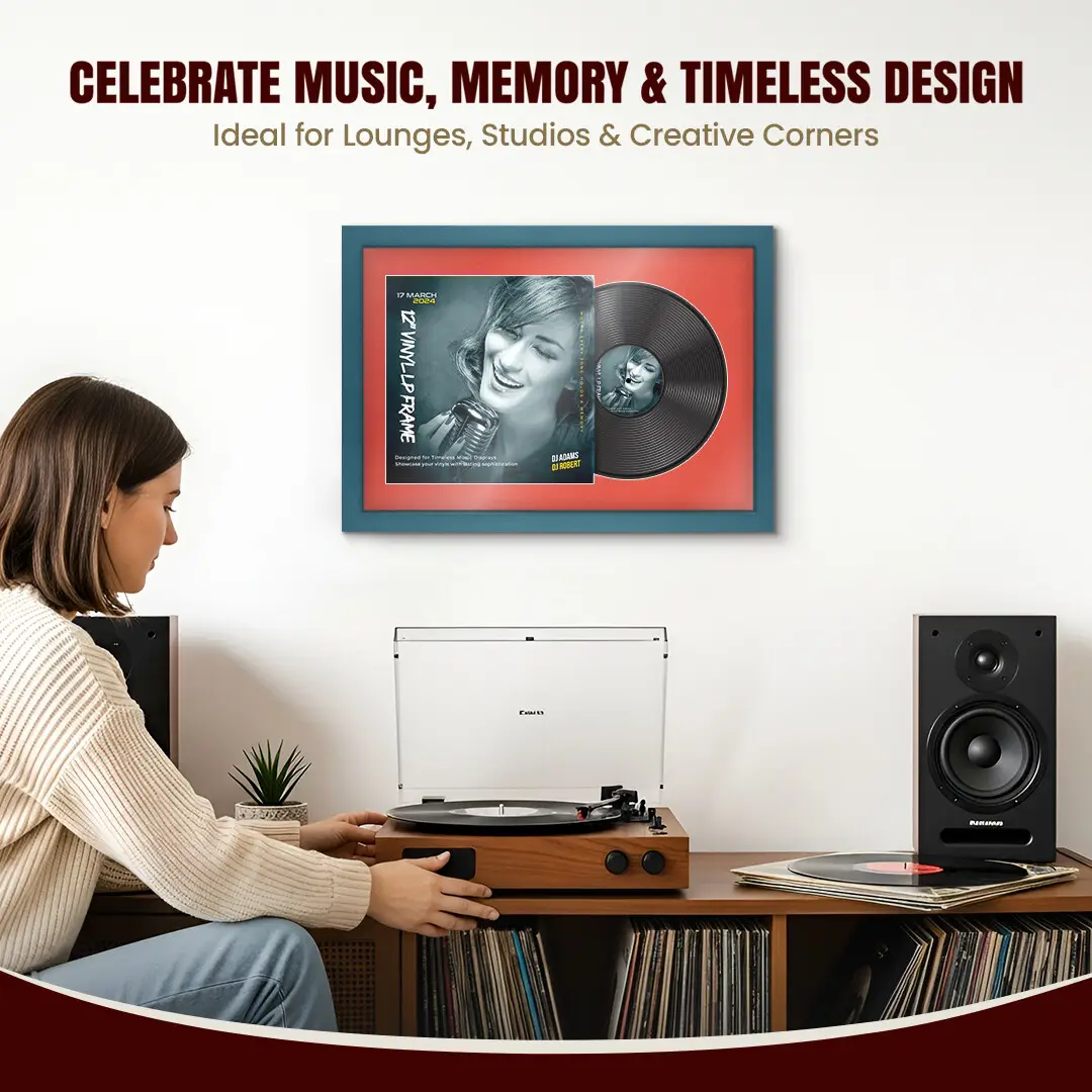 25x17" Modern Navy Blue Vinyl Record Frame For 12 Inch LP Cover & Disc (Overlapped) With Poppy Red Mount | Elegant Music Display thumbnail 4
