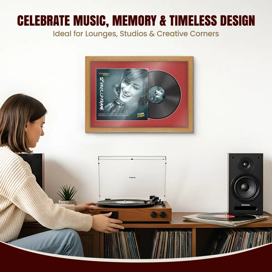 25x17" Modern Oak Vinyl Record Frame For 12 Inch LP Cover & Disc (Overlapped) With Crimson Mount | Elegant Music Display thumbnail 4