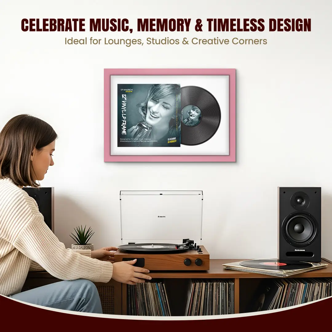25x17" Modern Pastel Pink Vinyl Record Frame For LP Cover & Disc With Ice White Mount | Overlapped Display thumbnail 4