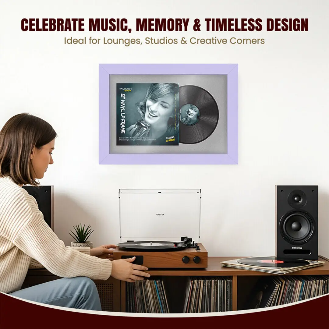 25x17" Modern Purple Vinyl Record Frame For 12 Inch LP Cover & Disc With Silver Mount | Overlapped Vinyl Display thumbnail 4