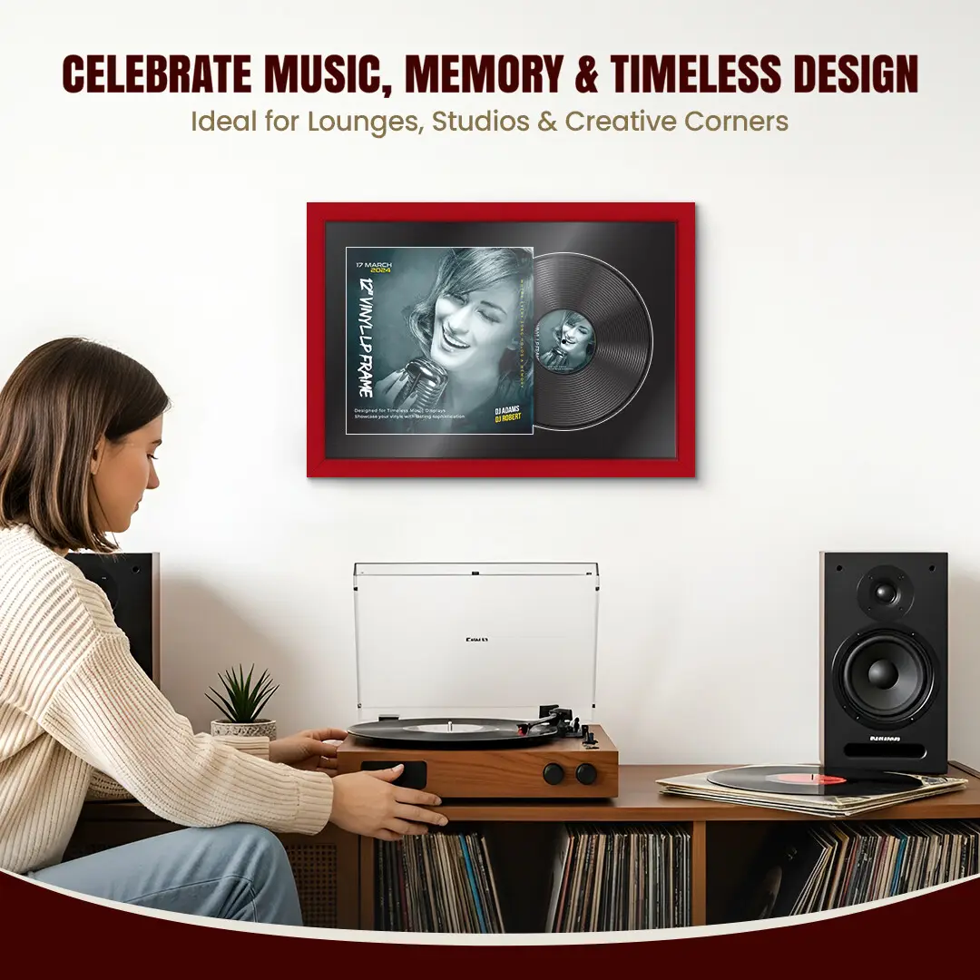 25x17" Modern Vinyl Record Frame For LP Cover & Disc With Poppy Red Mount | Overlapped Display thumbnail 4