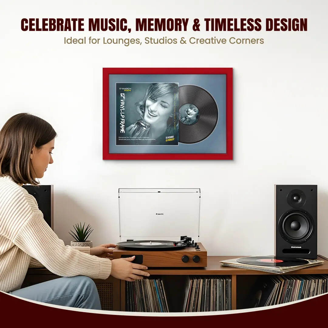 25x17" Modern Red Vinyl Record Frame For 12 Inch LP Cover & Disc (Overlapped) With Pompador Mount | Elegant Music Display thumbnail 4