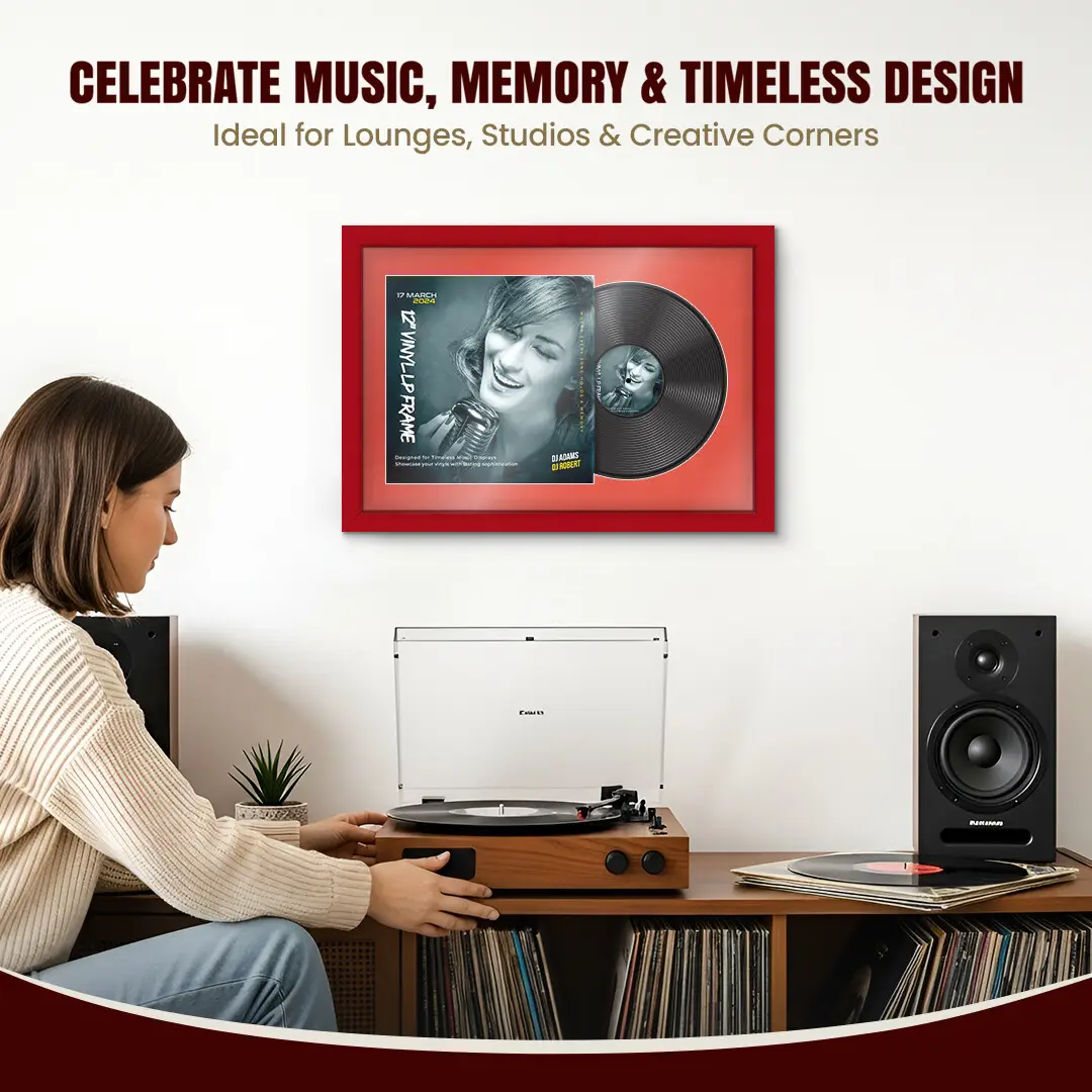 25x17" Modern Red Vinyl Record Frame For LP Cover & Disc With Poppy Red Mount | Overlapped Display thumbnail 4
