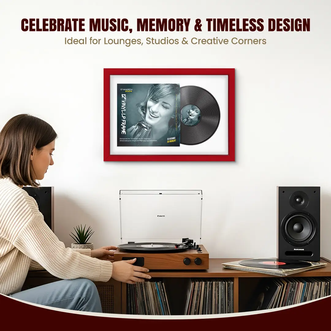 25x17" Modern Red Vinyl Record Frame For 12 Inch LP Cover & Disc (Overlapped) With Ice White Mount | Elegant Music Display thumbnail 4