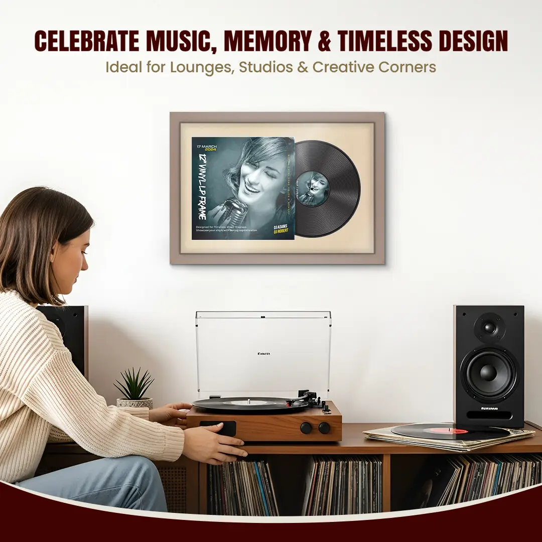 25x17" Modern Rose Gold Vinyl Record Frame For 12 Inch LP Cover & Disc With Ivory Mount | Overlapped Vinyl Display thumbnail 4