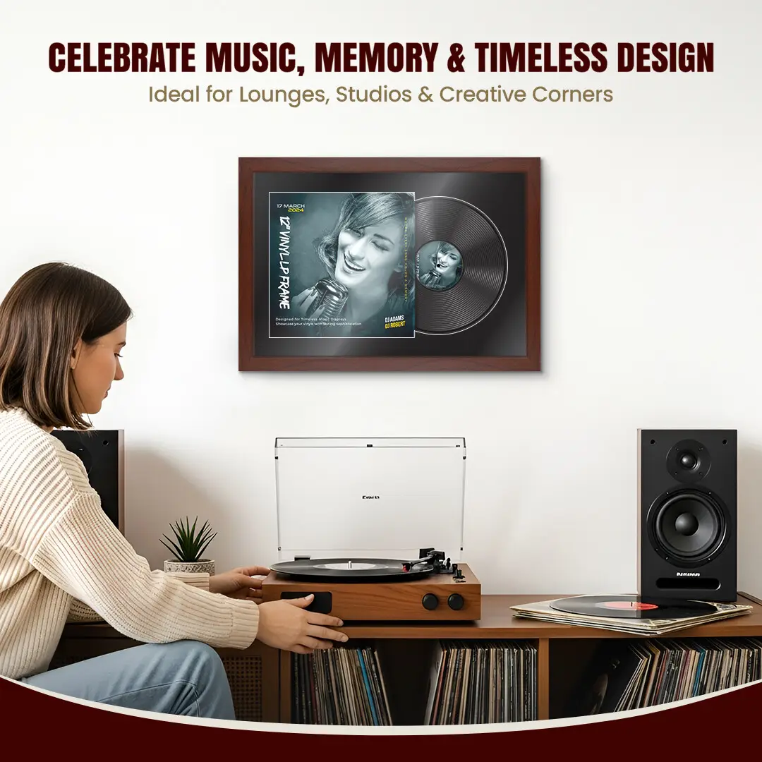 25x17" Modern Rose Wood Vinyl Record Frame For 12 Inch LP Cover & Disc (Overlapped) With Black Mount | Elegant Music Display thumbnail 4