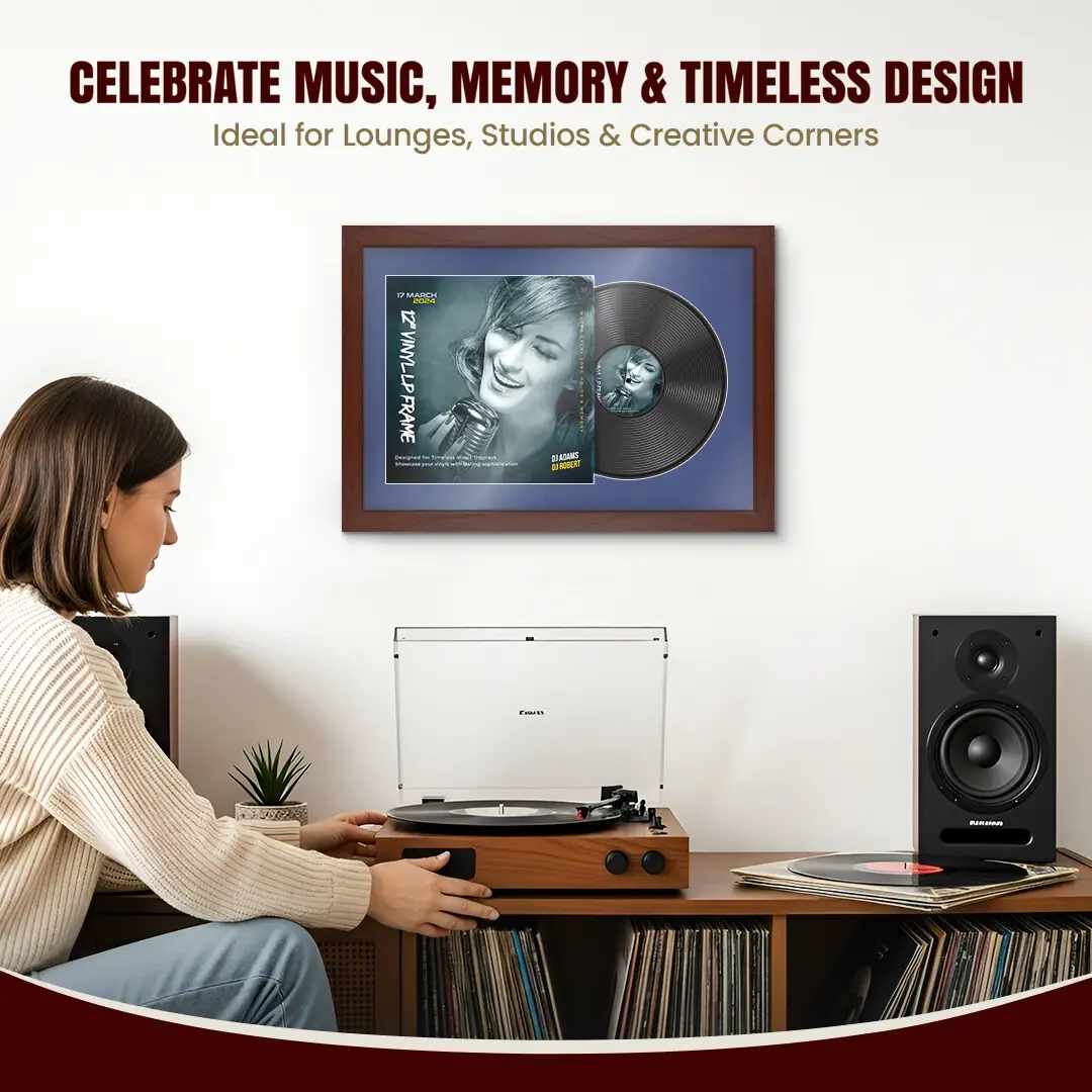 25x17" Modern Rose Wood Vinyl Record Frame For 12 Inch LP Cover & Disc (Overlapped) With Blue Mount | Elegant Music Display thumbnail 4